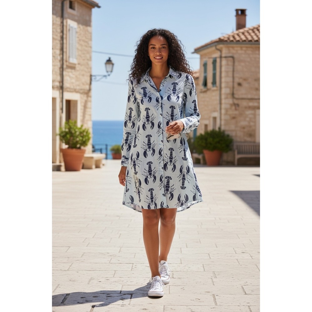 Sigrid Olson Linen Shirt Dress Small Lobster Print Coastal